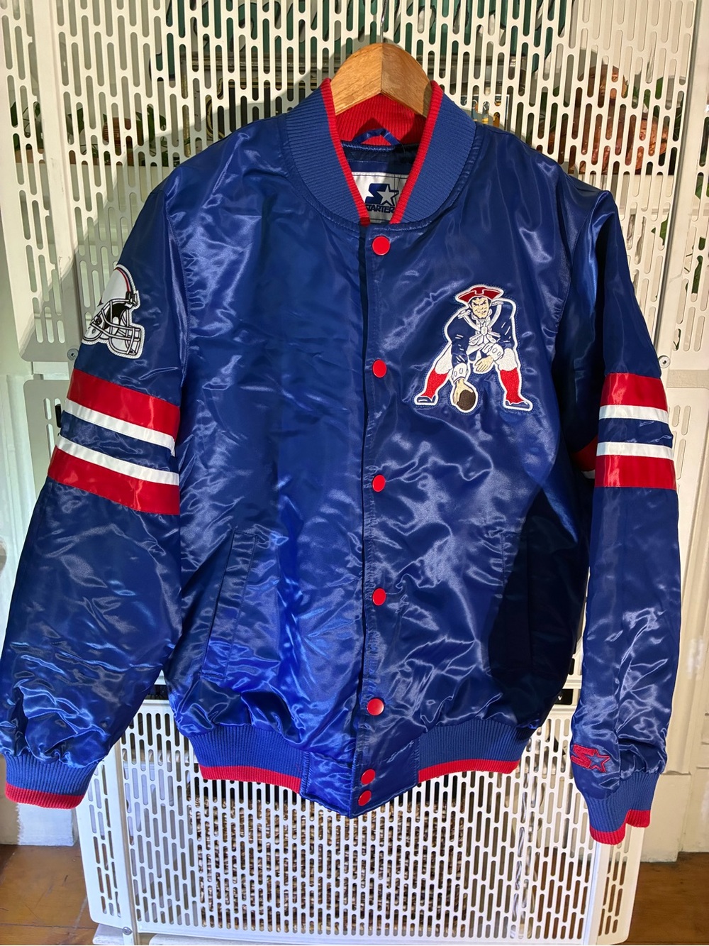 STARTER Blue Satin Patriots Patch Bomber Jacket with Red & White Accents